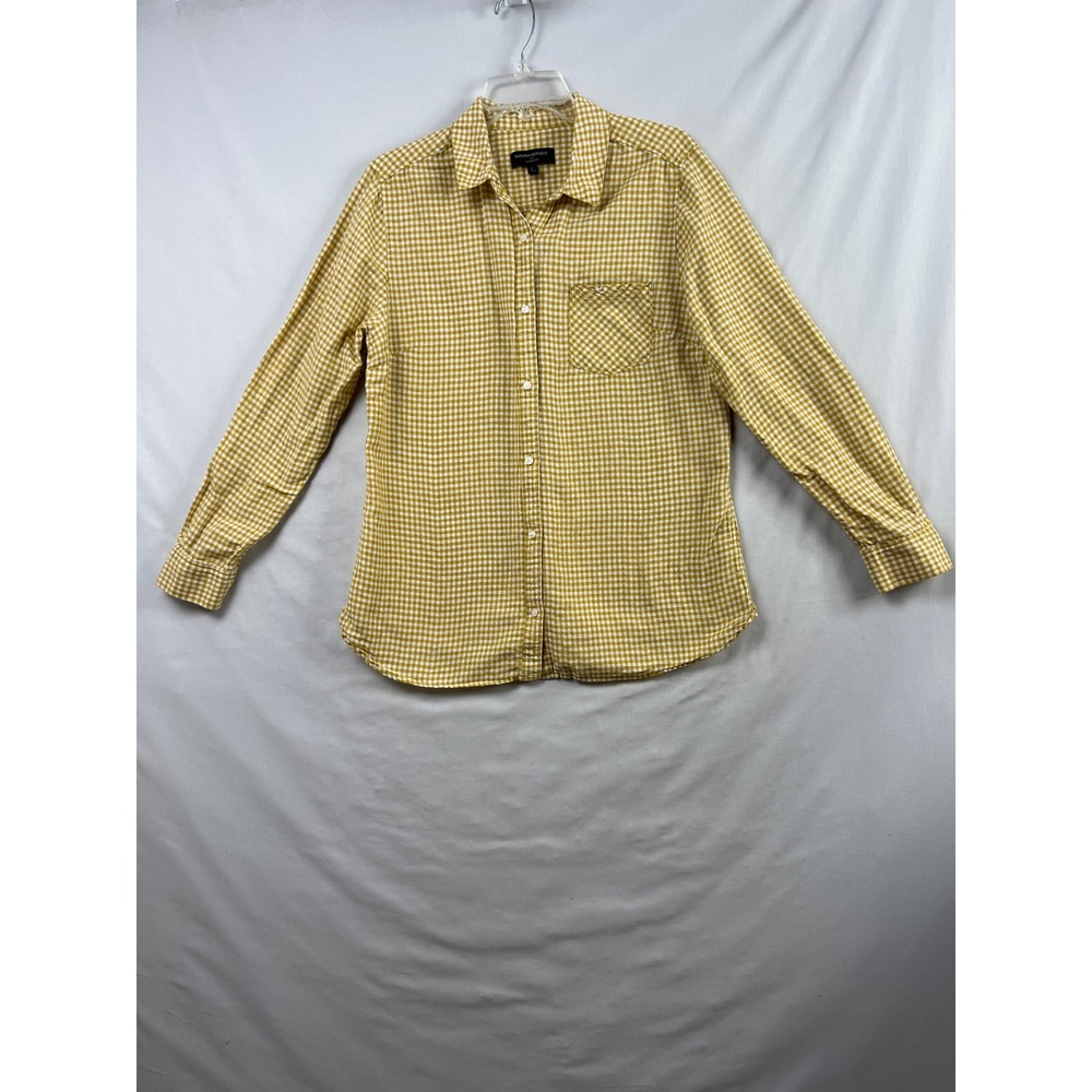Banana Republic Button Up Shirt Womens L Yellow Gingham Linen Cotton Classic Fit